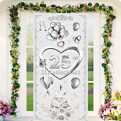 RUMIA 25. Silberhochzeits Banner 25. Silberhochzeit Dekor 25. Jahrestag Tür Banner Innen Außen 25. Silberhochzeit Party Dekoration 72.8 * 35.4 Zoll von RUMIA