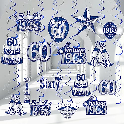 30 Stück blaue Dekorationen zum 60. Geburtstag für Männer Frauen Marineblau Silber 60. Geburtstag hängende Wirbel Banner Blau Vintage 1963 Alter Wirbel Partyzubehör Folie Decke Dekor für Geburtstag von RUMIA