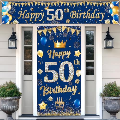 50.Geburtstagsdeko Banner,Navy Blau Gold 50.Geburtstag Deko für 50 Jahre Männer Frauen 50th Birthday Geburtstags Türbanner und Hintergrund Geburtstagsbanner,zum 50 Jubiläum Geburtstag Party Dekoration von RUMIA