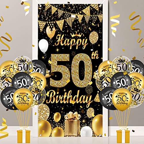 50th Birthday Party Dekorationen für Männer Frauen Schwarz Gold Happy 50th Birthday Türabdeckung Banner mit 18pcs Black Gold Happy 50th Birthday Ballons für 50th Birthday Jubiläum Party Decor Supplies von RUMIA