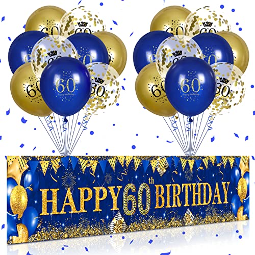60. Geburtstag Party Deko für Mann Fraue Blau Gold, Luftballons 60. Geburtstag Blau Gold Banner und 18 PCS 60. Happy Birthday Konfetti Ballons für Deko 60 Jubiläum Geburtstagsparty Dekoration von RUMIA