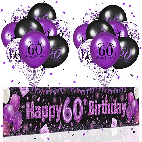 60th Geburtstag Party Dekorationen Lila Schwarz Happy 60th Geburtstag Banner und 18PCS 60th Geburtstag Ballons für Frauen Männer 60th Jubiläum Geburtstag Party Supplies von RUMIA