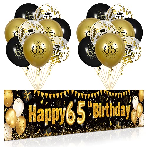 65. Geburtstag Party Deko für Mann Fraue Schwarzes Gold, Luftballons 65. Geburtstag Schwarz Gold Banner und 18 PCS 65. Happy Birthday Konfetti Ballons für Deko 65 Jubiläum Geburtstagsparty Dekoration von RUMIA