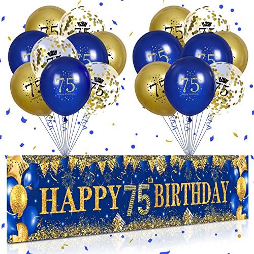 75. Geburtstag Party Deko für Mann Fraue Blau Gold, Luftballons 75. Geburtstag Blau Gold Banner und 18 PCS 75. Happy Birthday Konfetti Ballons für Deko 75 Jubiläum Geburtstagsparty Dekoration von RUMIA