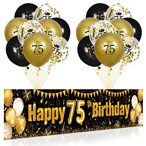 75. Geburtstag Party Deko für Mann Fraue Schwarzes Gold, Luftballons 75. Geburtstag Schwarz Gold Banner und 18 PCS 75. Happy Birthday Konfetti Ballons für Deko 75 Jubiläum Geburtstagsparty Dekoration von RUMIA