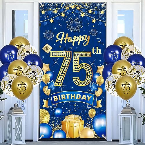 75.Geburtstagsdeko Navy Blau Gold Banner mit Luftballons,75.Geburtstag Dekoration für 75 Jahre Männer Frauen 75th Birthday Geburtstags Türbanner 75 Latex Konfetti Ballon Jubiläum Geburtstag Party Deko von RUMIA