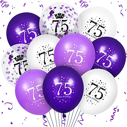 75th lila Geburtstag Ballons Dekorationen, 16PCS lila weiß alles Gute zum 75. Geburtstag Konfetti Latex-Ballons für Frauen Männer 75. Geburtstag Party von RUMIA
