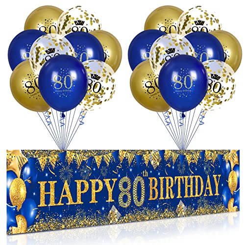 80. Geburtstag Party Deko für Mann Fraue Blau Gold, Luftballons 80. Geburtstag Blau Gold Banner und 18 PCS 80. Happy Birthday Konfetti Ballons für Deko 80 Jubiläum Geburtstagsparty Dekoration von RUMIA