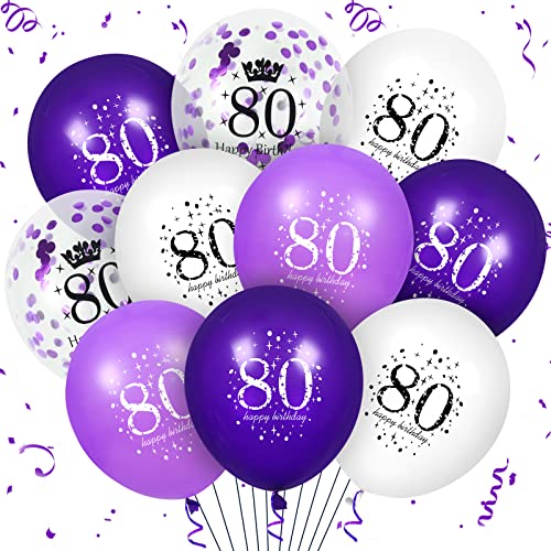 80th lila Geburtstag Ballons Dekorationen, 16 PCS lila weiße Konfetti Latex Ballons für Frauen Männer Happy Birthday Party Hochzeitstag Indoor Outdoor Party Supplies, 12 Zoll (80th) von RUMIA