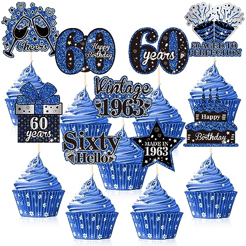 36PCS Blau 60. Geburtstag Cupcake Toppers Dekorationen Blau Silber Vintage 1963 Kuchen Topper Centerpieces Fabulous Cupcake Picks Prost auf 60 Jahre Kuchen Dekor für 60th Birthday Party Supplies von RUMIA