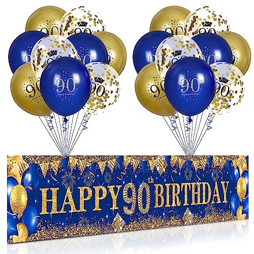 90. Geburtstag Party Deko für Mann Fraue Blau Gold, Luftballons 90. Geburtstag Blau Gold Banner und 18 PCS 90. Happy Birthday Konfetti Ballons für Deko 90 Jubiläum Geburtstagsparty Dekoration von RUMIA