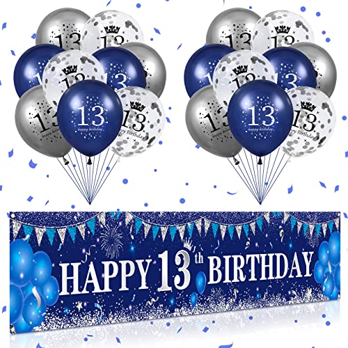 Blau 13. Geburtstag Dekorationen für Jungen Mädchen, Marineblau Silber 13. Geburtstag Banner und 13. Geburtstag Luftballon für 13. Geburtstag Party-Zubehör von RUMIA