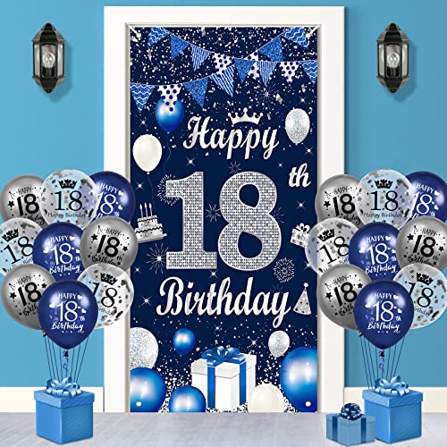Blau 18. Geburtstag Dekorationen für Jungen Marineblau Silber alles Gute zum 18. Geburtstag Tür Banner und 18 Stück Blau Silber 18. Geburtstag Luftballons für Jungen Mädchen 18. Geburtstag Party von RUMIA