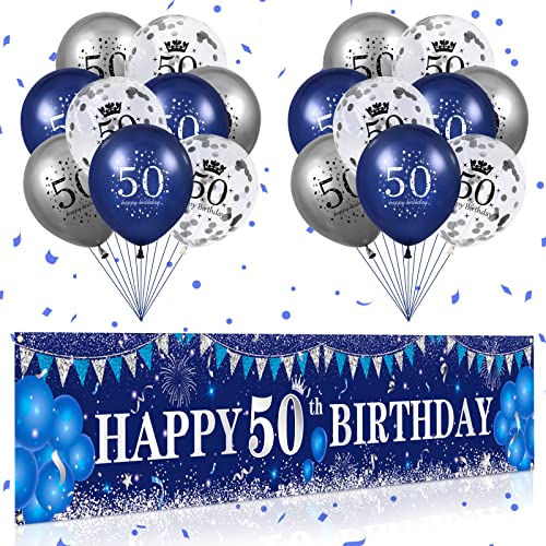 Blau 50. Geburtstag Dekoration für Männer und Frauen, marineblaues Silber Happy 50. Geburtstag Yard Banner, blau Luftballons zum 50. Geburtstag für Partydekorationen zum 50. Geburtstag von RUMIA