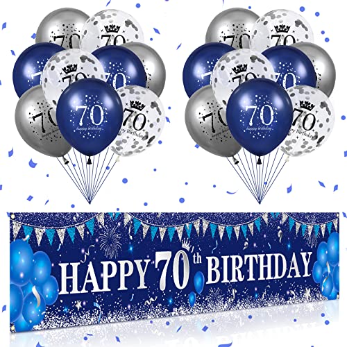 Blau 70. Geburtstag Dekoration für Männer und Frauen, marineblaues Silber Happy 70. Geburtstag Yard Banner, blau Luftballons zum 70. Geburtstag für Partydekorationen zum 70. Geburtstag von RUMIA