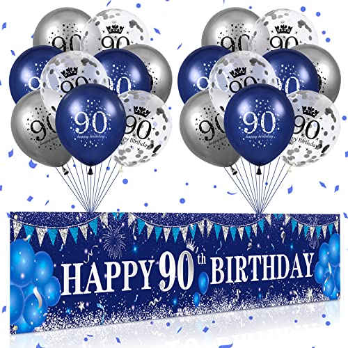Blau 90. Geburtstag Dekoration für Männer Frauen, Marineblau Silber 90. Geburtstag Banner, Blau 90. Geburtstag Luftballons für 90. Jahrestag Party Dekorationen von RUMIA