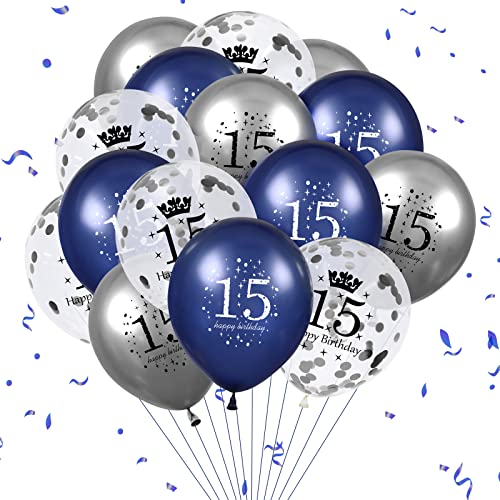 Luftballon 15 Geburtstag Deko,15Stück Marineblau Silber Luftballons Deko Happy Birthday Ballon Latex Konfetti 15. Geburtstag Party Dekoration Jahre Junge Mädchen für Geburtstagsparty Dekorationen von RUMIA