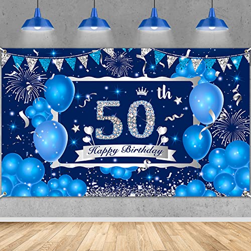 Blauer 50. Geburtstag Dekorationsbanner für Männer Frauen, Marineblau Silber Happy 50. Geburtstag Banner Hintergrund, Großes blaues 50. Geburtstag Banner für 50. Geburtstag Jubiläum Party Dekoration von RUMIA
