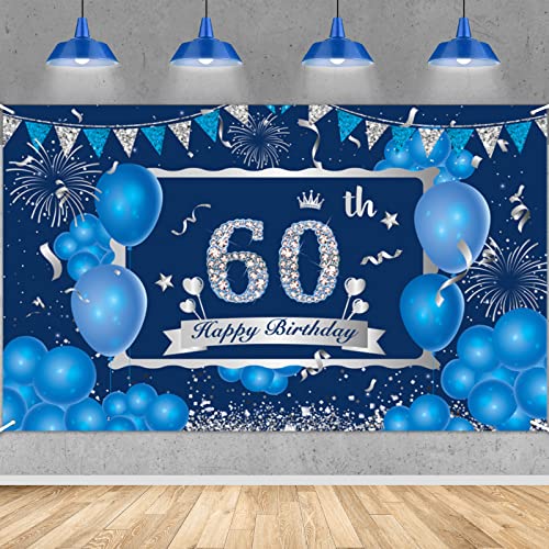 Blauer 60. Geburtstag Dekorationsbanner für Männer, Marineblau Silber Happy 60. Geburtstag Banner Hintergrund, Großes blaues 60. Geburtstag Banner für 60. Geburtstag Party Dekorations 72,8 x 43,3 Zoll von RUMIA