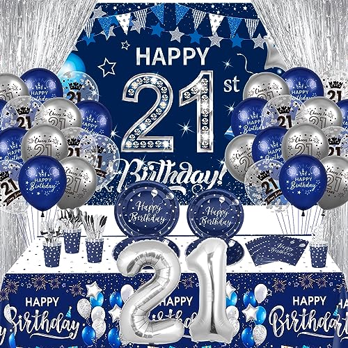 Dekorationen zum 21. Geburtstag für Männer und Frauen, 131 Stück, marineblau, silber, Partyzubehör zum 21. Geburtstag, inklusive blauem Banner "Happy 21st Birthday", Luftballons, Servietten, Becher, von RUMIA
