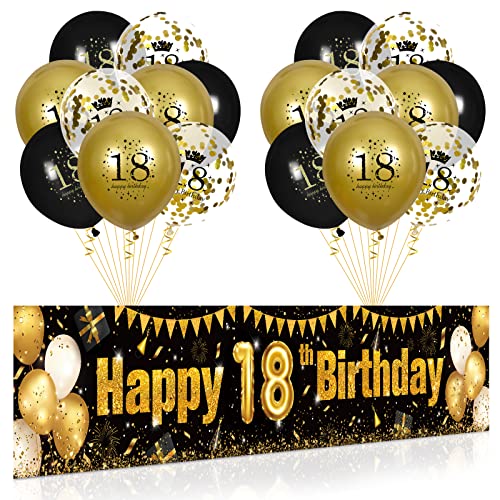 18. Geburtstag Party Deko für Junge Mädchen Schwarzes Gold, Luftballons 18. Geburtstag Schwarz Gold Banner und 18 PCS 18. Happy Birthday Konfetti Ballons für Deko Jubiläum Geburtstagsparty Dekoration von RUMIA