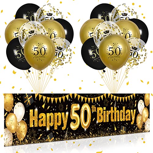 50. Geburtstag Party Deko für Mann Fraue Schwarzes Gold, Luftballons 50. Geburtstag Schwarz Gold Banner und 18 PCS 50. Happy Birthday Konfetti Ballons für Deko 50 Jubiläum Geburtstagsparty Dekoration von RUMIA