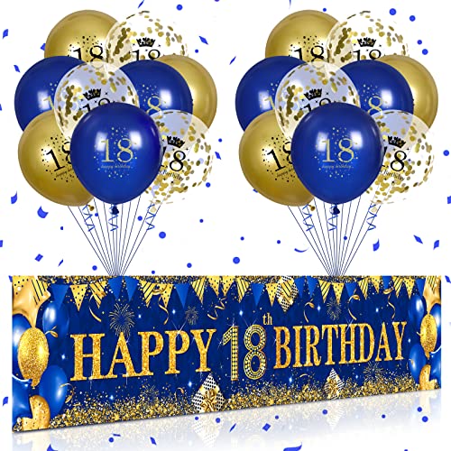 18. Geburtstag Party Deko für Jungen Mädchen Blau Gold, Luftballons 18. Geburtstag Blau Gold Banner und 18 PCS 18. Happy Birthday Konfetti Ballons für Deko Jubiläum Geburtstagsparty Dekoration von RUMIA