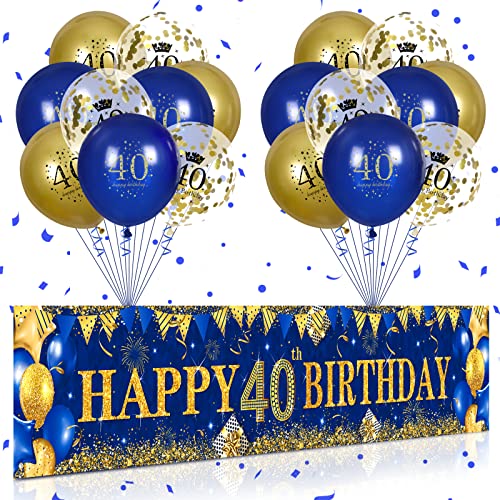 40. Geburtstag Party Deko für Mann Fraue Blau Gold, Luftballons 40. Geburtstag Blau Gold Banner und 18 PCS 40. Happy Birthday Konfetti Ballons für Deko 40 Jubiläum Geburtstagsparty Dekoration von RUMIA