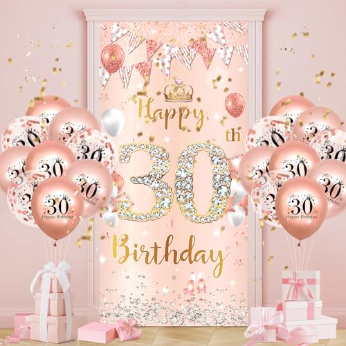30.Geburtstagsdeko Frauen, Roségold Banner mit Luftballons,30.Geburtstag Dekoration für 30 Jahre Frauen 30th Happy Birthday Geburtstags Türbanner Hintergrund 30. Ballon Jubiläum Geburtstag Party Deko von RUMIA