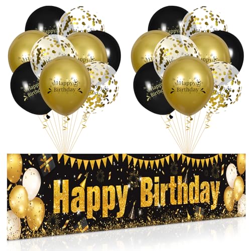 Gold Geburtstag Party Deko, Schwarz Gold Luftballons Deko Geburtstag Happy Birthday Banner und 18 PCS Latex Konfetti Ballons für Junge Mädchen Mann Fraue Deko Jubiläum Geburtstagsparty Dekoration von RUMIA