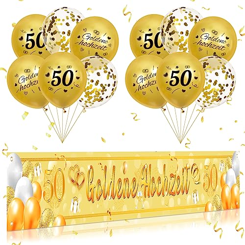 Goldene Hochzeit Dekoration Gold 50. Jahrestag Yard Banner und Goldene Hochzeit Jahrestag Luftballons für Innen Außen Goldene Hochzeit Party-Dekoration (Stil-A) von RUMIA