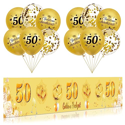 Goldene Hochzeit Dekoration Gold 50. Jahrestag Yard Banner und Goldene Hochzeit Jahrestag Luftballons für Innen Außen Goldene Hochzeit Party-Dekoration (Stil-B) von RUMIA