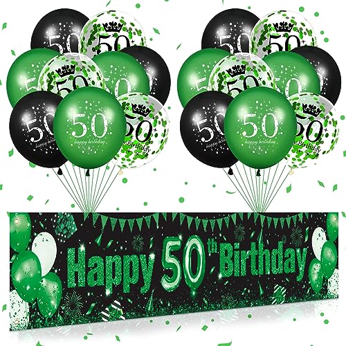 Grün 50. Geburtstag Dekorationen für Männer Frauen Grün Schwarz 18 Stück 50. Geburtstag Luftballons und Herzlichen Glückwunsch 50. Geburtstag Banner für 50. Geburtstag Jubiläum Partyzubehör von RUMIA