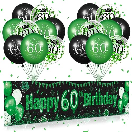 Grün 60. Geburtstag Dekorationen für Männer Frauen Grün Schwarz 18 Stück 60. Geburtstag Luftballons und Herzlichen Glückwunsch 60. Geburtstag Banner für 60. Geburtstag Jubiläum Partyzubehör von RUMIA