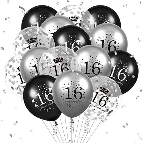 Luftballon 16. Geburtstag Deko 15 Stück Schwarz Silber Ballons-16 Jahre Geburtstagsdeko Birthday Deko Latex Konfetti Ballon für Kinder Jungen Mädchen 16. Jubiläum Geburtstag Party Dekoration 12Zoll von RUMIA