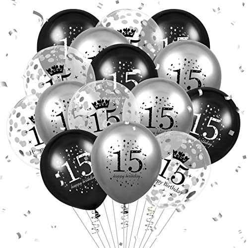 Luftballon 15. Geburtstag Deko 15 Stück Schwarz Silber Ballons - 15 Jahre Geburtstagsdeko Birthday Deko Latex Konfetti Ballon für Kinder Jungen Mädchen 15. Jubiläum Geburtstag Party Dekoration 12Zoll von RUMIA
