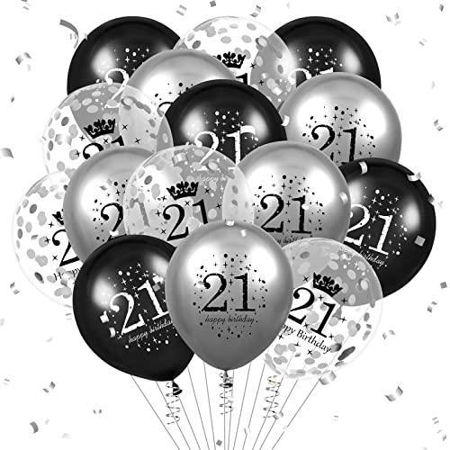 Luftballon 21. Geburtstag Deko 15 Stück Schwarz Silber Ballons - 21 Jahre Geburtstagsdeko Happy Birthday Deko Latex Konfetti Ballon für Männer Frauen 21. Jubiläum Geburtstag Party Dekoration 12Zoll von RUMIA
