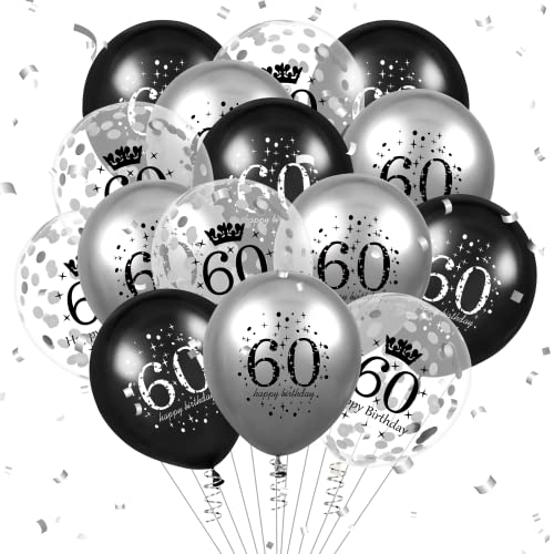 Luftballon 60. Geburtstag Deko 15 Stück Schwarz Silber Ballons - 60 Jahre Geburtstagsdeko Happy Birthday Deko Latex Konfetti Ballon für Männer Frauen 60. Jubiläum Geburtstag Party Dekoration 12Zoll von RUMIA