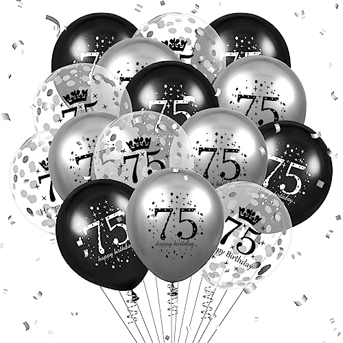 Luftballon 75. Geburtstag Deko 15 Stück Schwarz Silber Ballons - 75 Jahre Geburtstagsdeko Happy Birthday Deko Latex Konfetti Ballon für Männer Frauen 75. Jubiläum Geburtstag Party Dekoration 12Zoll von RUMIA