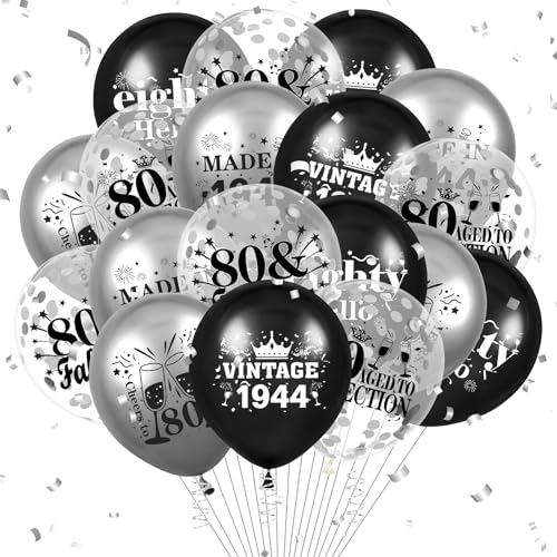 Luftballon 80. Geburtstag Deko 18 Stück Schwarz Silber Vintage Ballons - 80 Jahre Geburtstagsdeko Happy 1944 Birthday Deko Konfetti Ballon für Männer Frauen 80. Jubiläum Geburtstag Party Dekoration von RUMIA