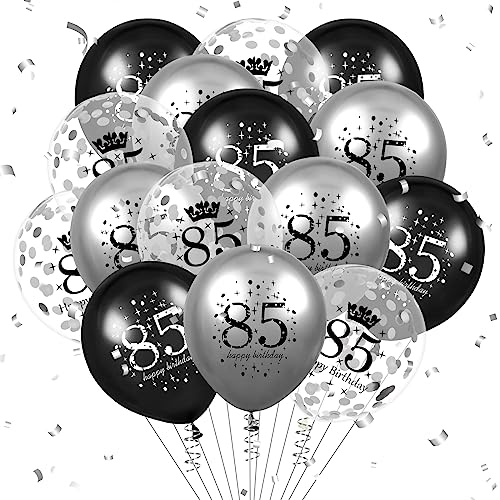 Luftballon 85. Geburtstag Deko 15 Stück Schwarz Silber Ballons - 85 Jahre Geburtstagsdeko Happy Birthday Deko Latex Konfetti Ballon für Männer Frauen 85. Jubiläum Geburtstag Party Dekoration 12Zoll von RUMIA