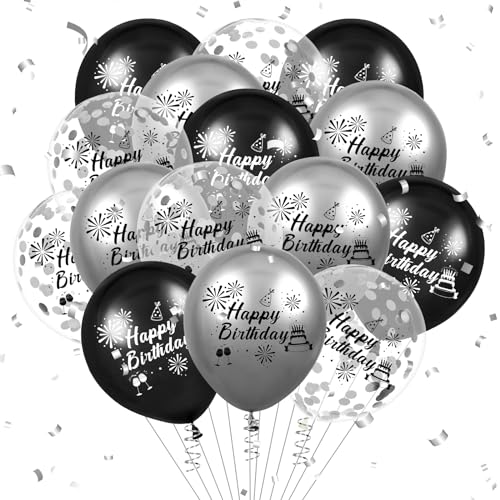 Luftballon Geburtstag Deko 15 Stück Schwarz Silber Ballons-Geburtstagsdeko Happy Birthday Deko Latex Konfetti Ballon für Männer Frauen Kinder Jungen Mädchen Jubiläum Geburtstag Party Dekoration 12Zoll von RUMIA