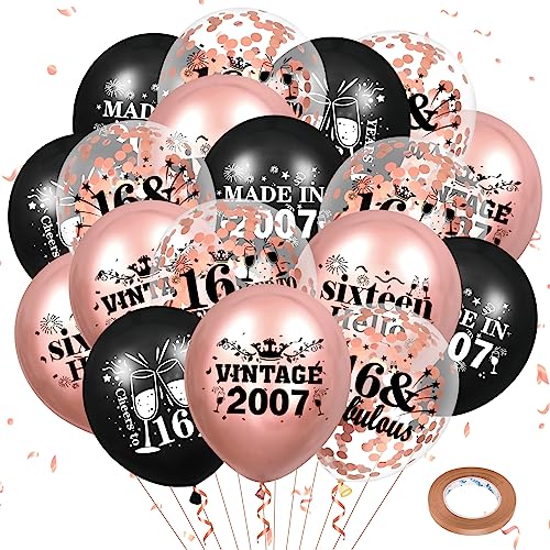 Luftballons 16. Geburtstag 18 Stück Roségold Schwarz 2007 Ballons 16. Party Dekorationen 12 Zoll Konfetti Latex Luftballons Geburtstag Party Deko für Frauen 16. Geburtstag Jubiläum Party von RUMIA
