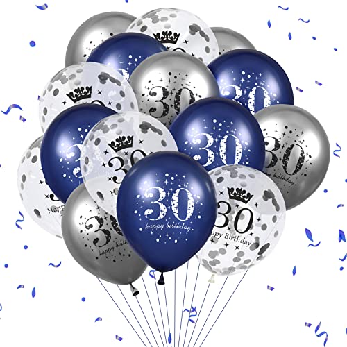 Luftballon 30 Geburtstag Deko,15 Stück Marineblau Silber Luftballons, Happy Birthday Blau Latex Konfetti Folienballon 30. Geburtstag Party Ballon Dekoration Mann Frau für Geburtstag Dekorationen von RUMIA
