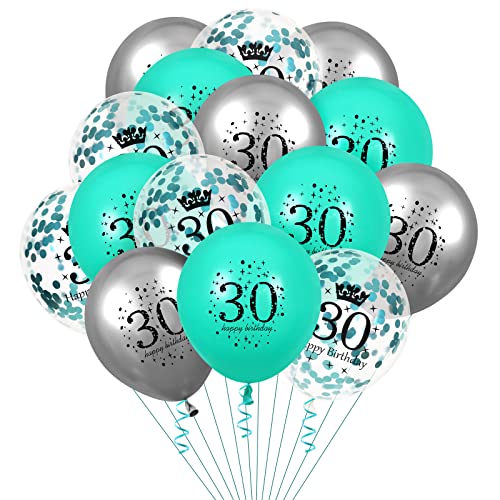 Luftballon 30. Geburtstag Deko,15 Stück Teal Blau Silber Latex Luftballons, Happy Birthday Teal Konfetti Folienballon 30. Jahrestag Party Ballon Dekoration Frau Mann für Geburtstag Dekorationen von RUMIA