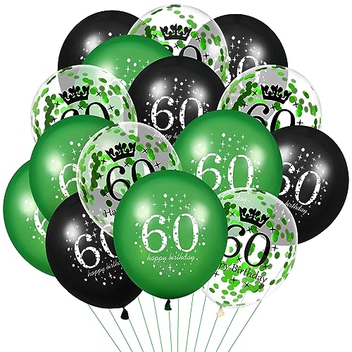 Luftballoon 60. Geburtstag Deko,15Stück Grün Schwarz Latex Luftballons, Happy Birthday Grün Latex Konfetti Folienballon 60. Jahrestag Party Dekoration Herren Damen Frau für Geburtstag Dekorationen von RUMIA