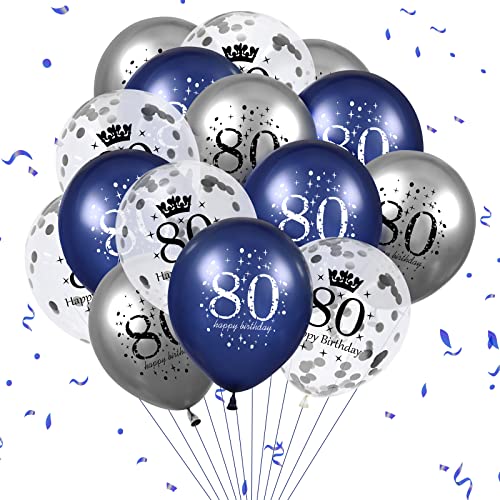 Luftballon 80. Geburtstag Deko,15 Stück Marineblau Silber Latex Luftballons, Happy Birthday Blau Konfetti Folienballon 80. Jahrestag Party Ballons Dekoration HMann Frau für Geburtstag Dekorationen von RUMIA