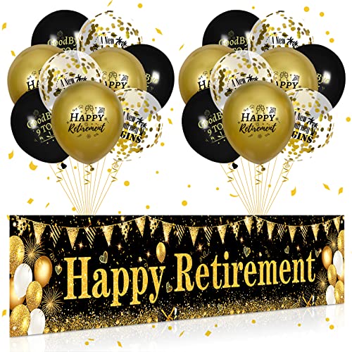 Ruhestand Party Dekorationen Schwarz Gold Glückliche Ruhestand Banner und 18pcs Ballons für Männer und Frauen Großes Ruhestand Yard Zeichen für Ruhestand Party Supplies von RUMIA