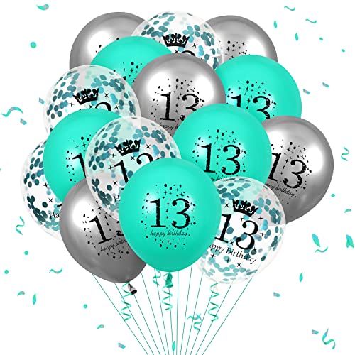 Teal Luftballons 13. Geburtstag Deko, 15 Stück Teal Blau Silber 13. Jahre Junge Latex Happy Birthday Konfetti Luftballons Ballons für 13. Junge Mädchen Geburtstag Party Geburtstagsdeko Dekorationen von RUMIA