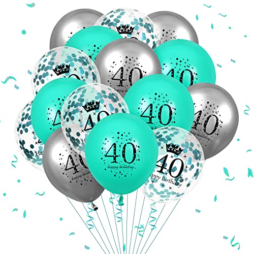 Luftballon 40. Geburtstag Deko,15 Stück Teal Blau Silber Latex Luftballons, Happy Birthday Teal Konfetti Folienballon 40. Jahrestag Party Ballon Dekoration Frau Mann für Geburtstag Dekorationen von RUMIA